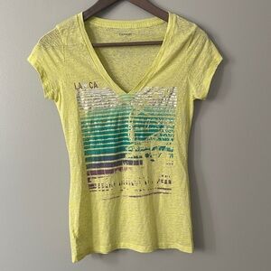 Express Bright Yellow Graphic Semi-sheer V-Neck T-Shirt XS